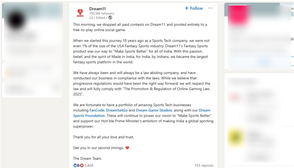 Dream11 LinkedIn Statement Dream11 LinkedIn Statement